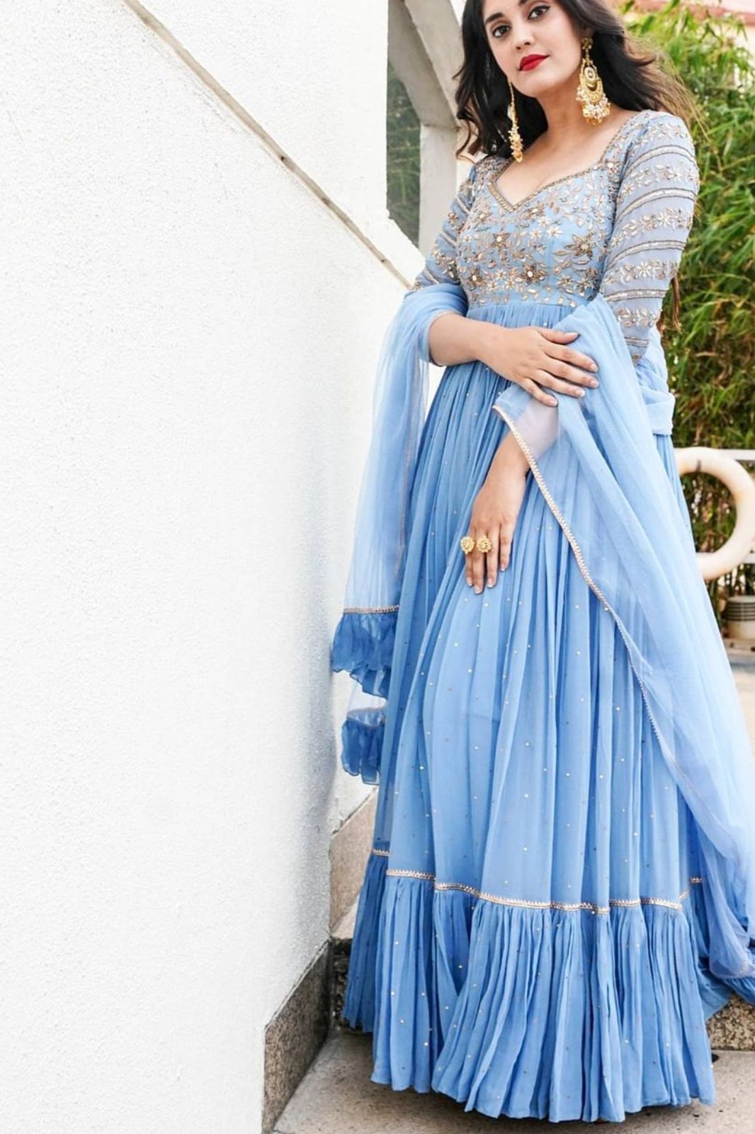 Sky Blue Color Plain Gown With Printed Dupatta – Amrutamfab